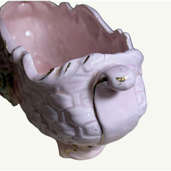 Vintage Pink Weaved Look Ceramic Planter With Grape & Leaf Design - Picture 7 of 13